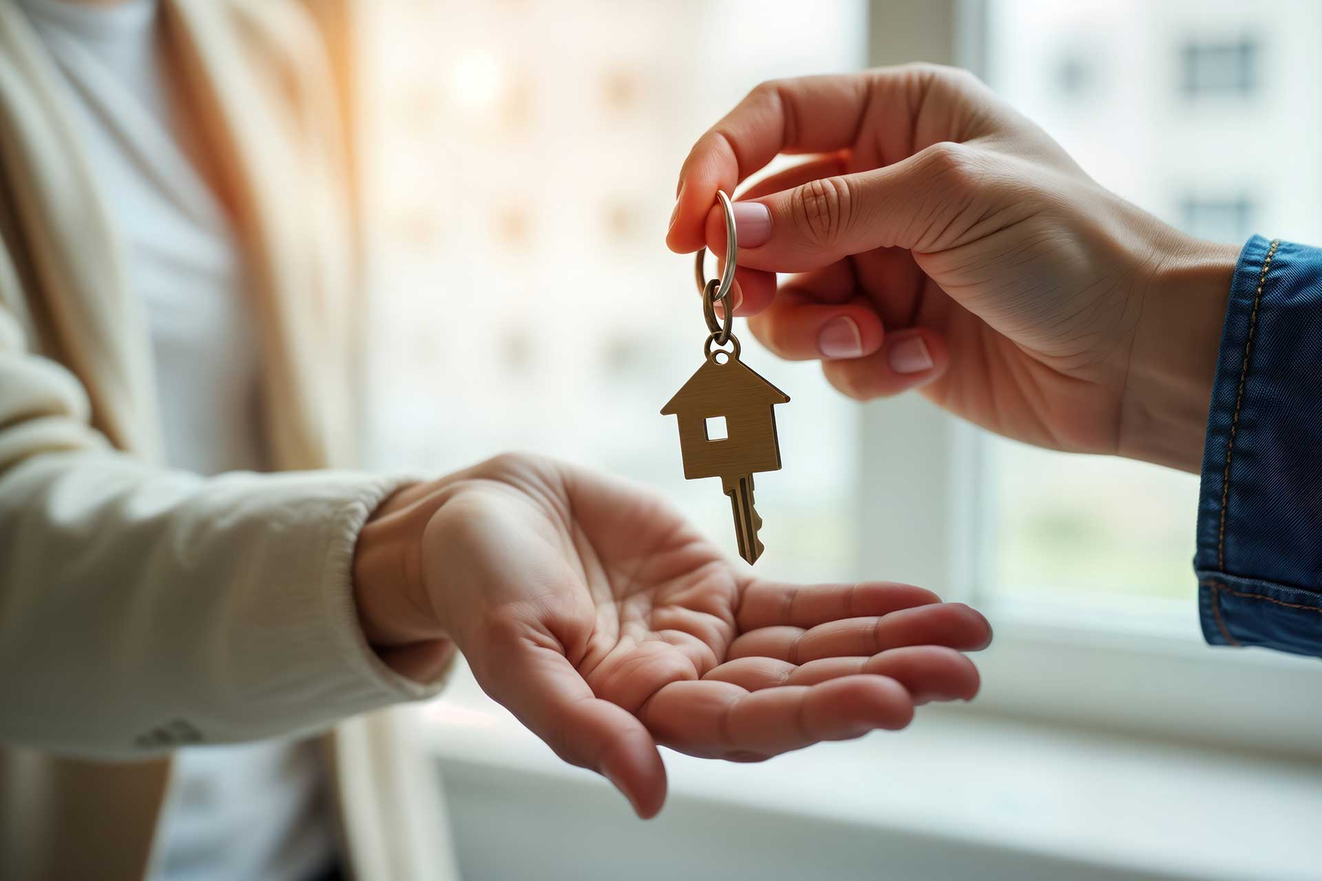 Frau bekommt beim Eigentumsübergang den Hausschlüssel überreicht
