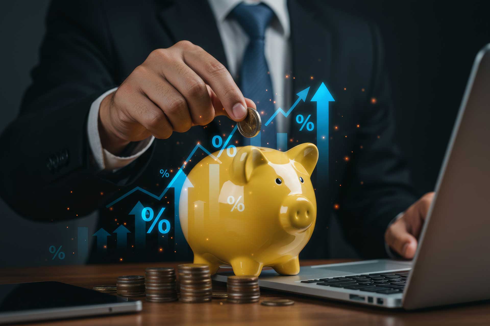 Person im Anzug steckt eine Münze in ein gelbes Sparschwein: Symbol für die Spekulationssteuer