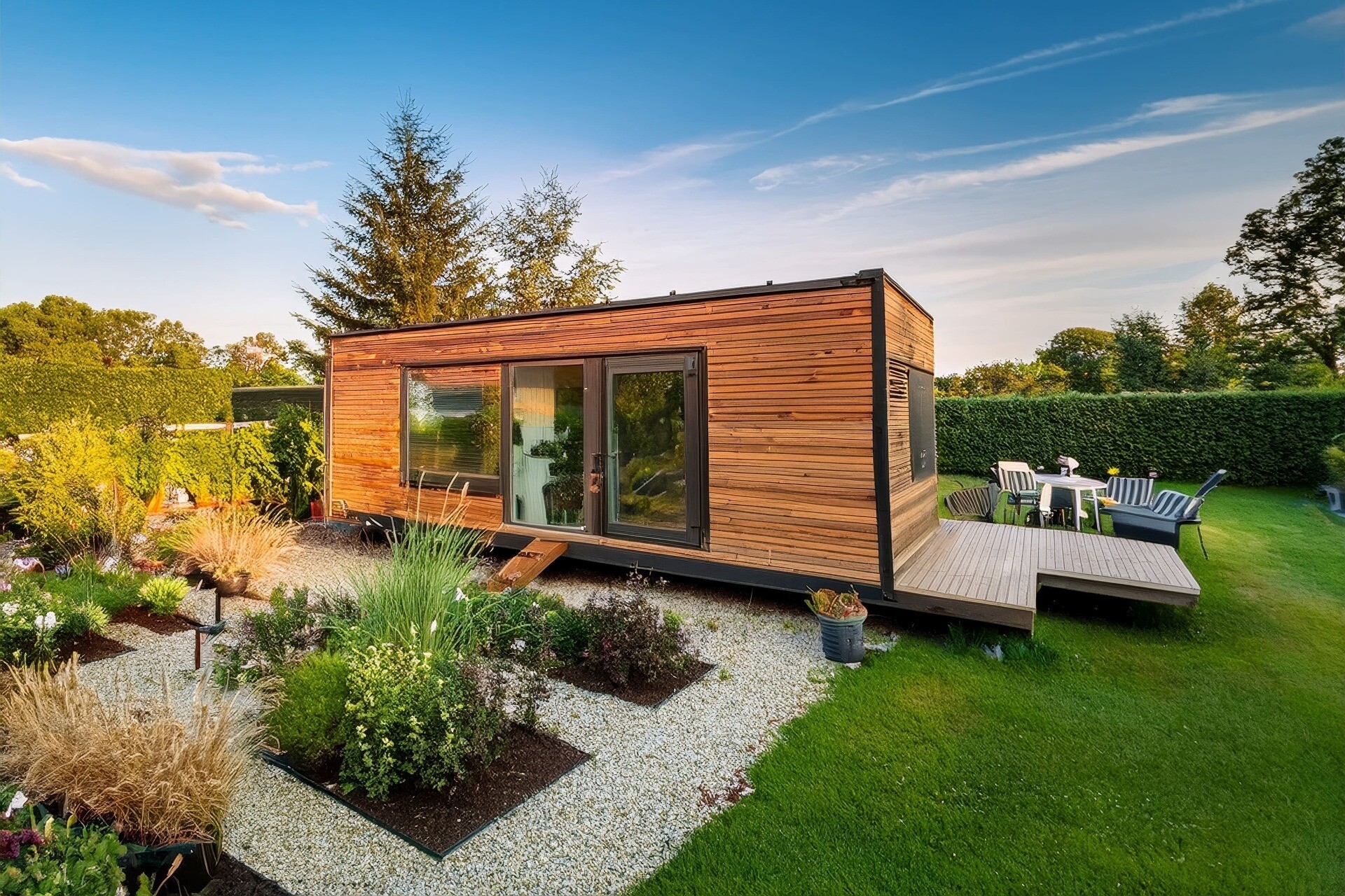 Außenansicht eines Tiny Houses mit Garten