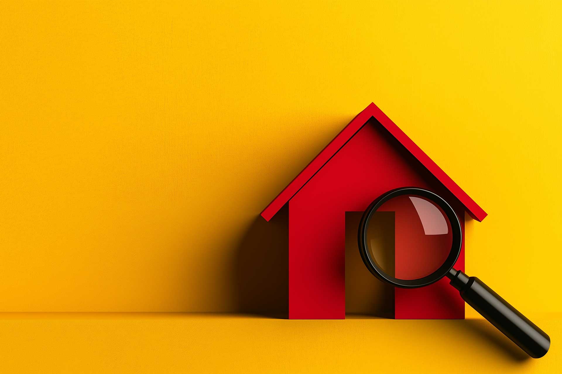 KI-generiertes Bild: Lupe zeigt auf rotes Modellhaus, gelber Hintergrund, Symbol für Mängel an der Immobilie