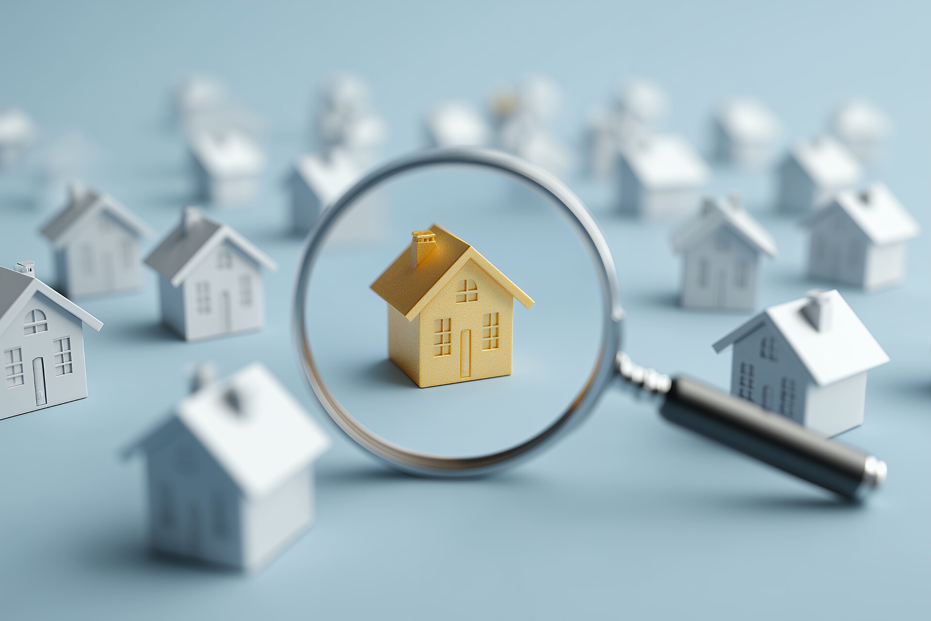 Ein goldenes Haus unter einer Lupe zwischen weißen Häusern vor blauem Hintergrund. Konzept für Immobilieninvestitionen, Hypothekenlösungen und Immobiliensuche