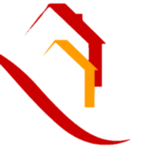 Rote und orange Hausumrisse mit rotem Schwung darunter.