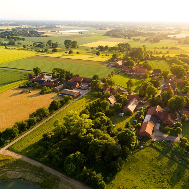Dorf mit Feldern, Bäumen und roten Dächern bei Sonnenschein.