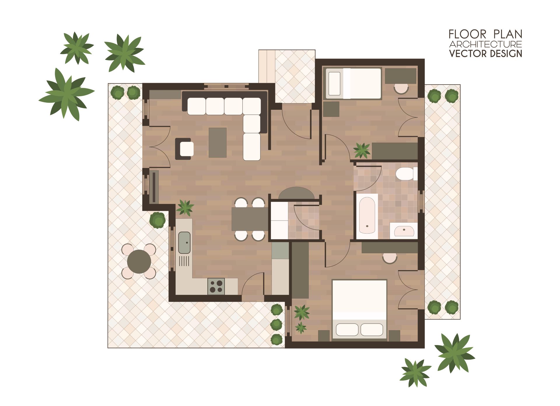 Grundriss: 2 Schlafzimmer, Wohn-/Essbereich, 2 Bäder, Terrasse.
