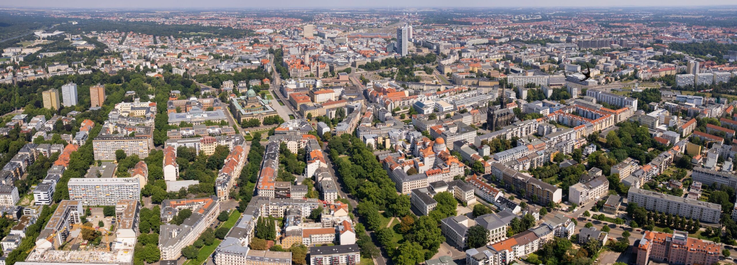 Großstadt von oben: viele Gebäude, Grünflächen, ein hoher Turm.