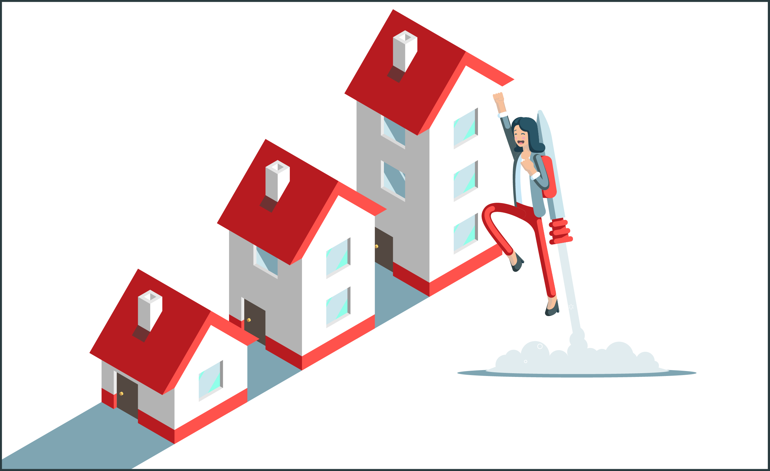 Grafik von Modellhäusern nebeneinander und einer Person, die sich freut; Das Immobilienmakler 1x1