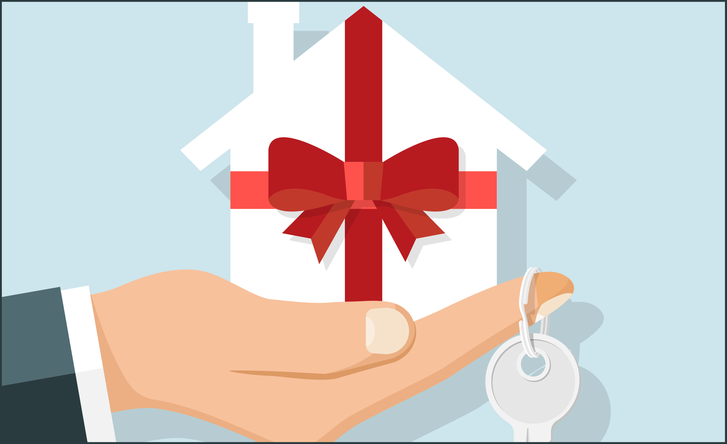 Hand hält ein Modelhaus mit Schleife und einen Hausschlüssel: Was tun bei Immobilienschenkung?