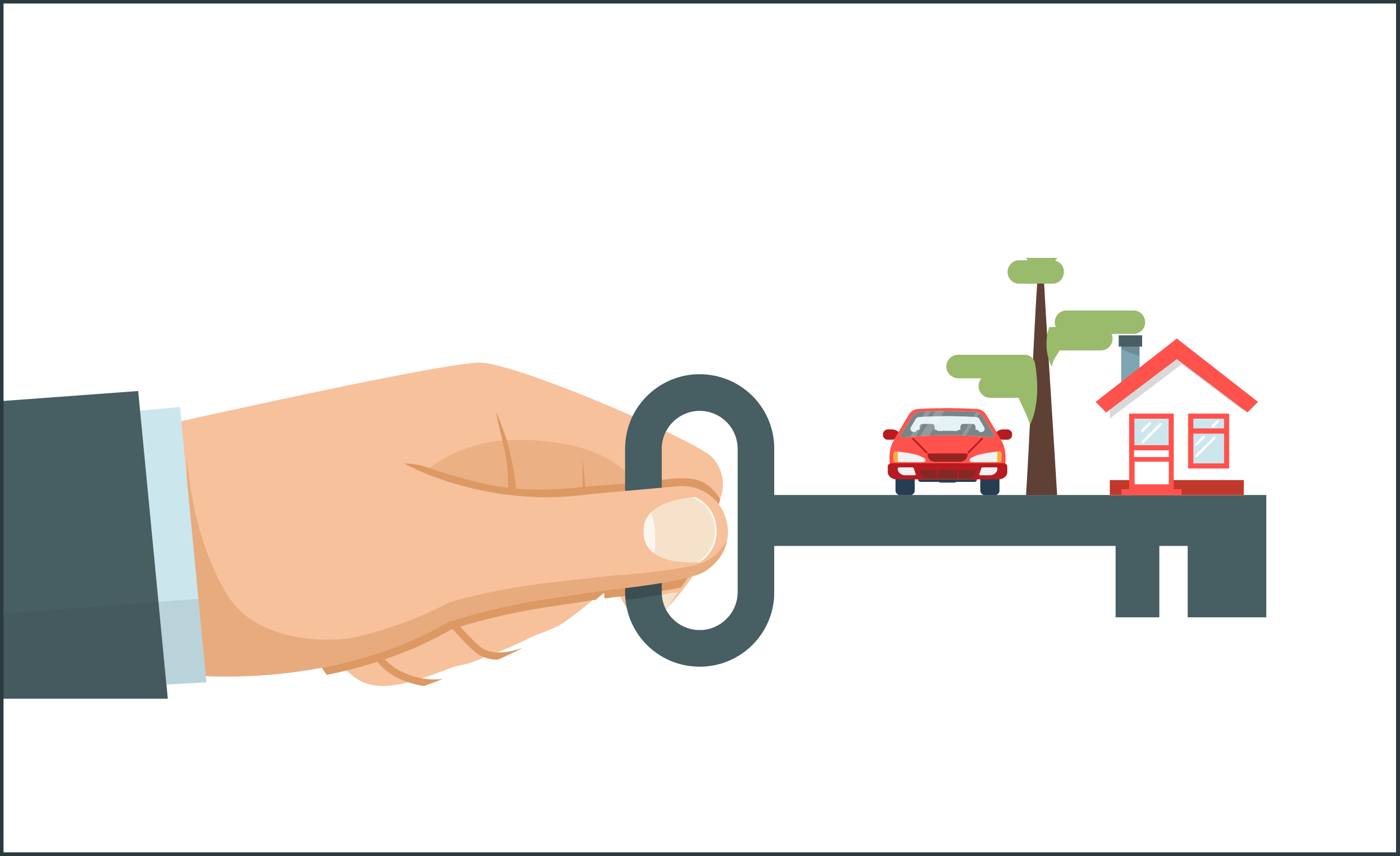 Grafische Darstellung eines Modellhauses, Autos und Hausschlüssel: Die Unterlagen für den Verkauf