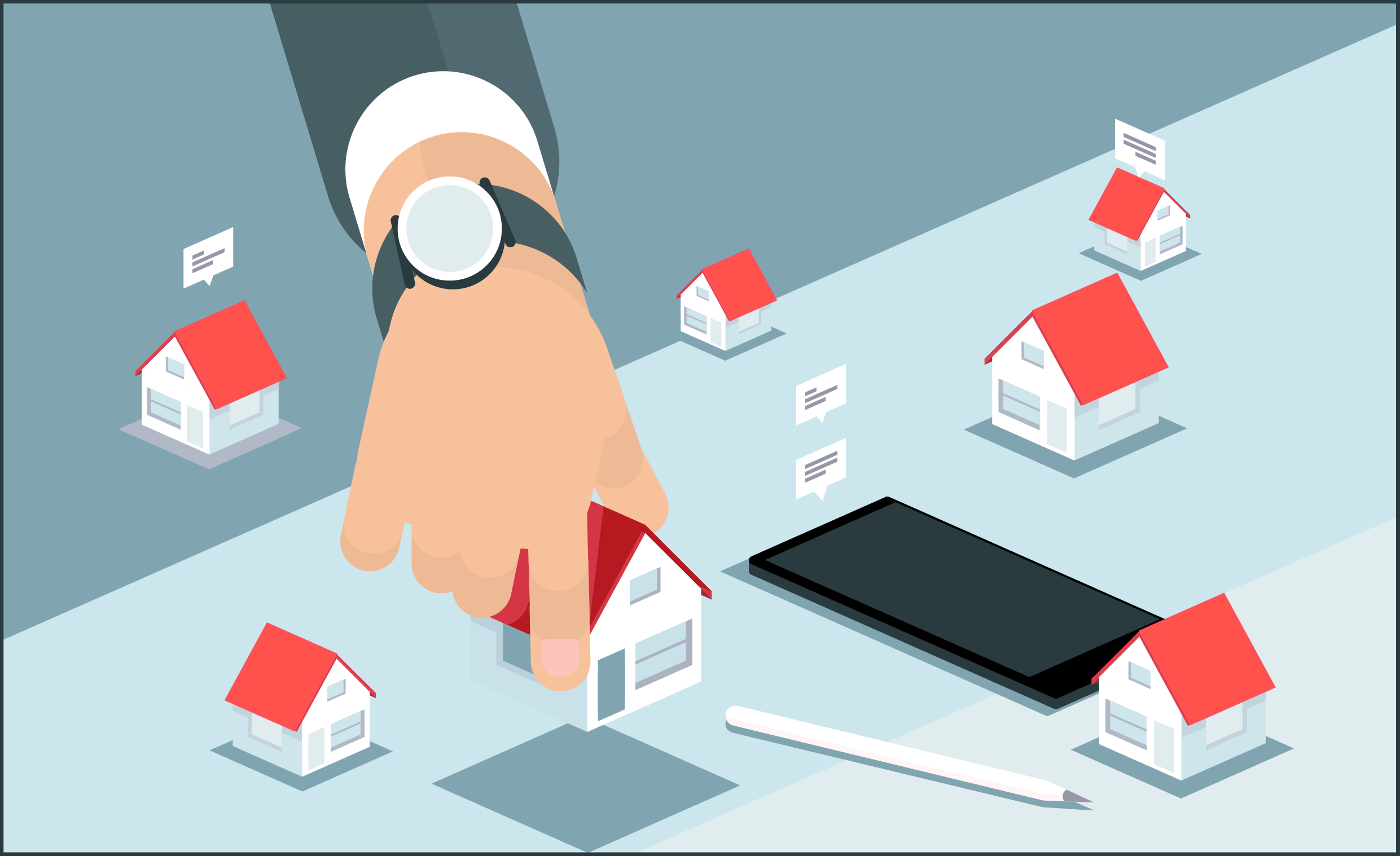 Teaserbild ABC Vermarktung: Verschiedene Modellhäuser und ein Smartphone