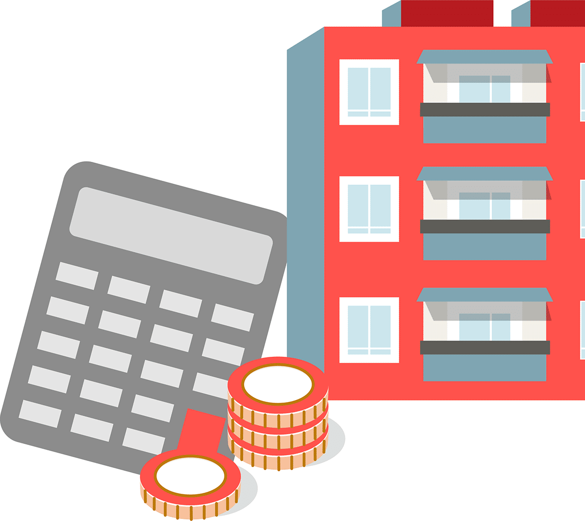 Grafische Darstellung eines Mehrparteienhauses und eines Taschenrechners für die Betriebskostenabrechnung in der Buchhaltung