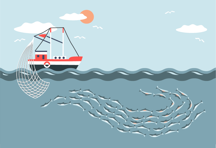 Grafische Darstellung eines Fischerboots beim Fischfang mit netz