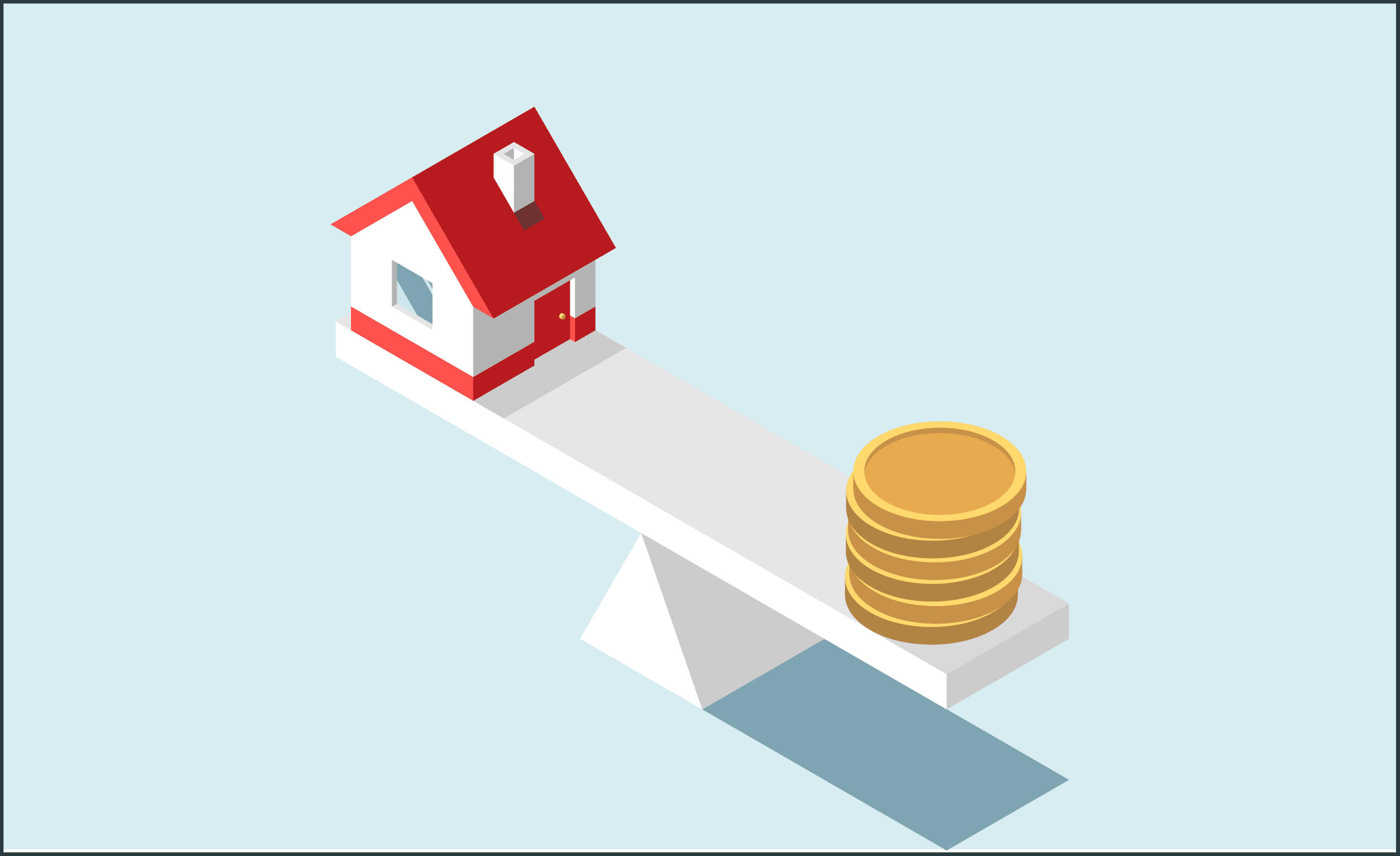 Teaserbild Wertermittlung Mein Immobilienpreis: Modellhaus und Münzen auf der Waage