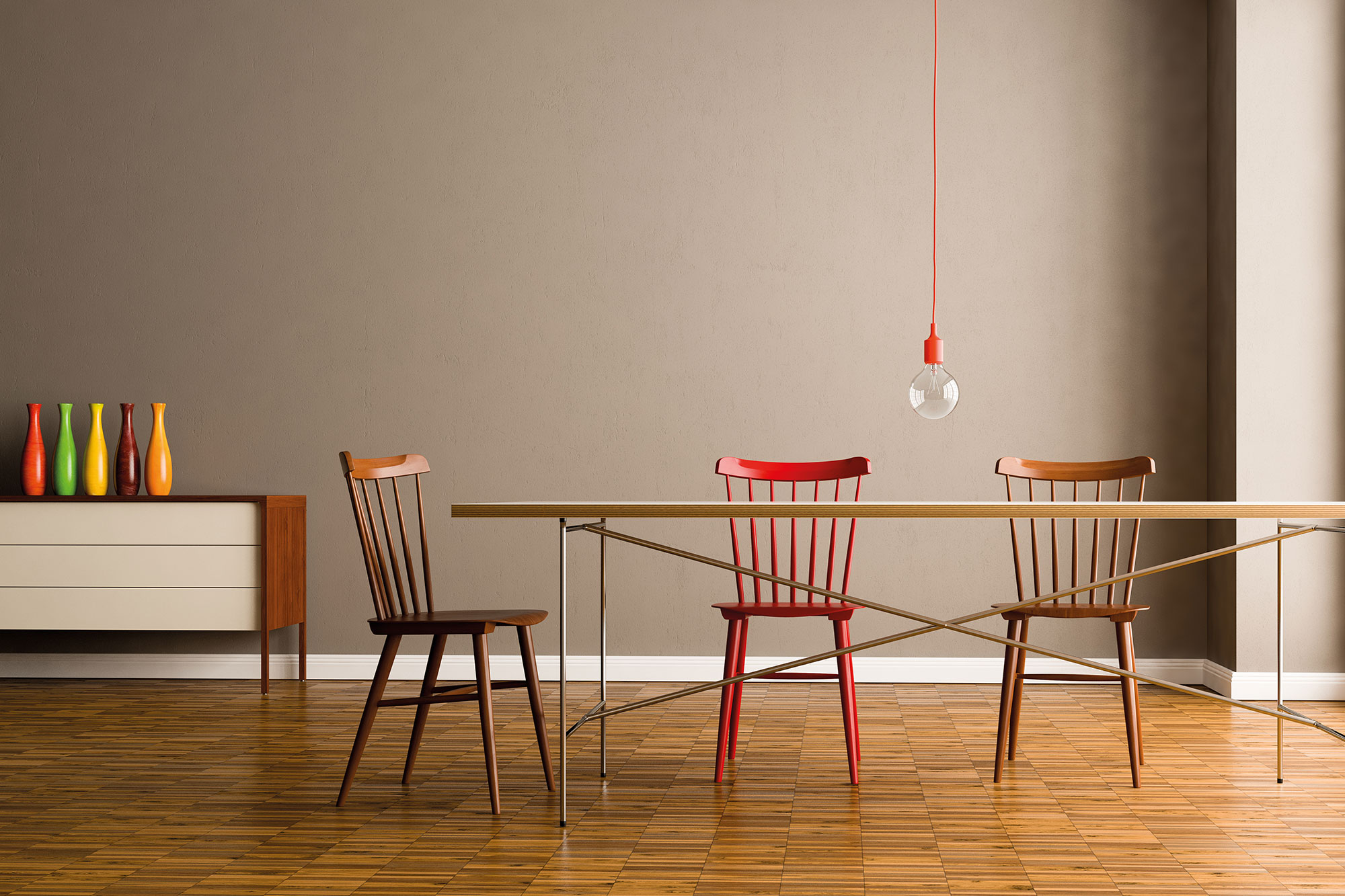 Tisch mit rotem Stuhl