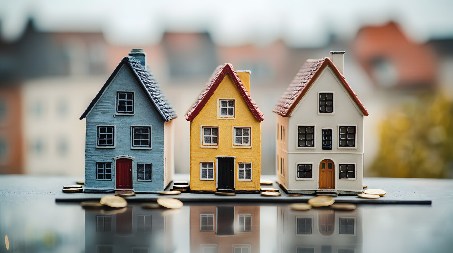 Drei Häusermodelle mit Münzen