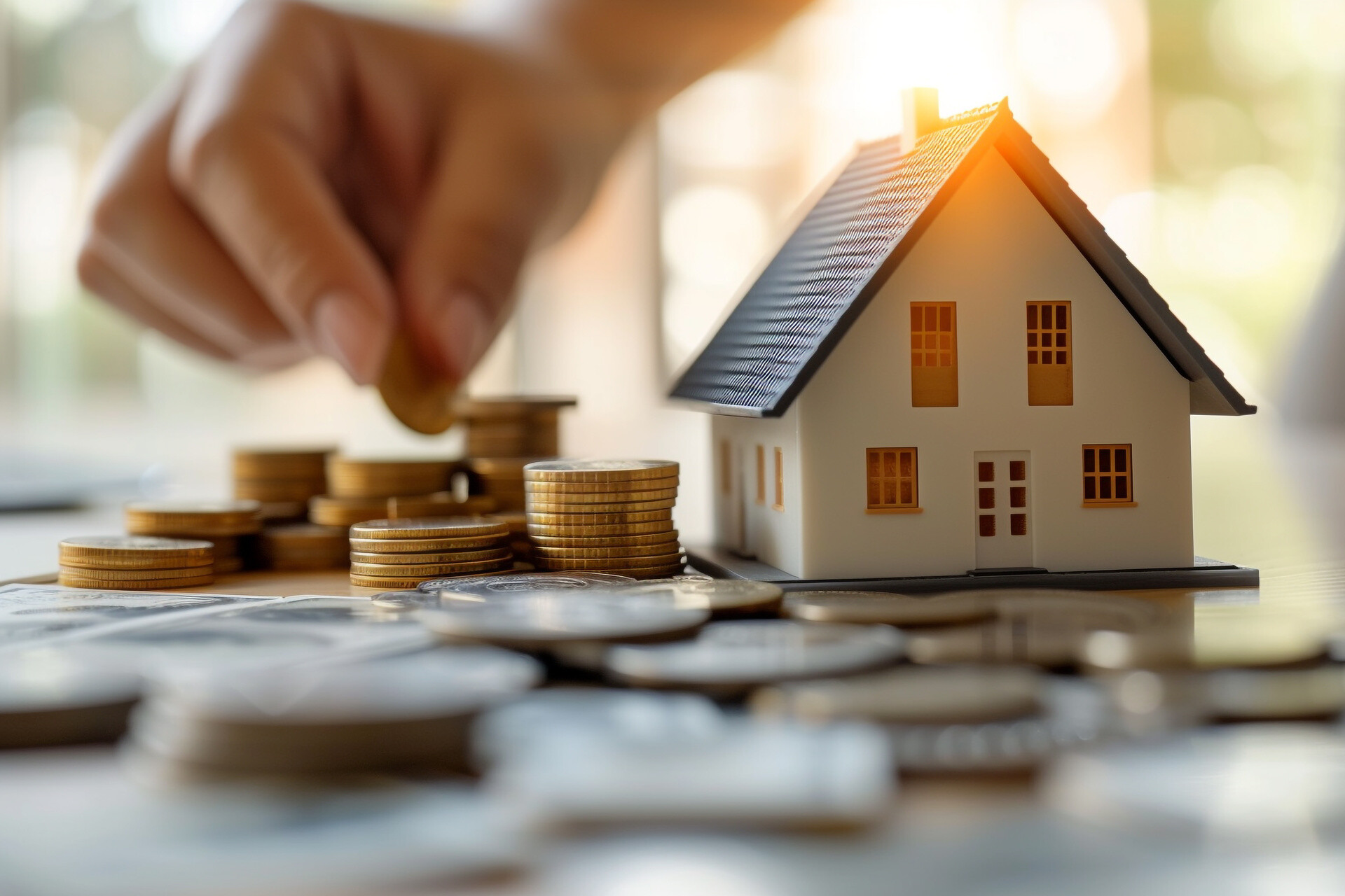 Mann stapelt Münzen neben Modellhaus