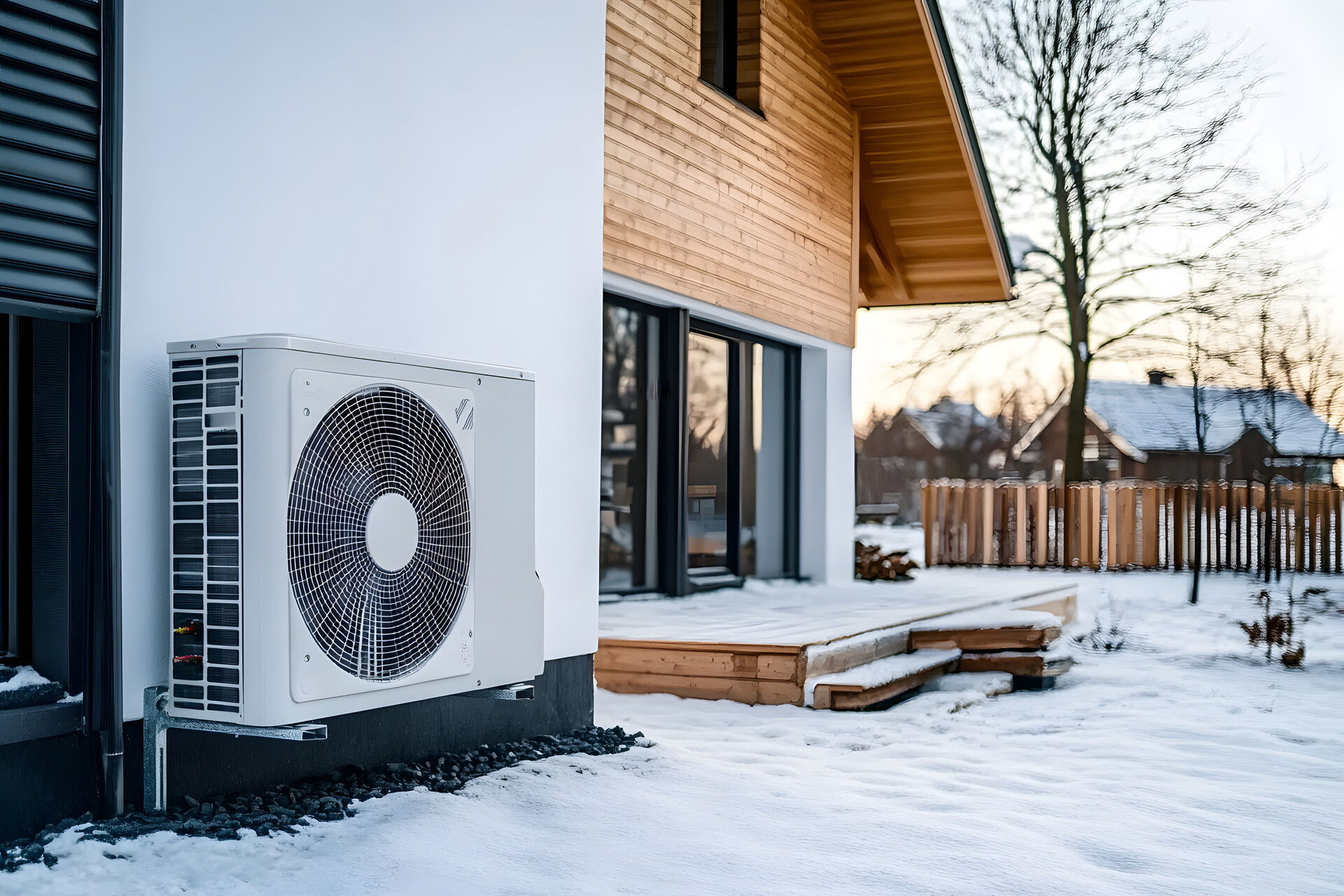 Haus im Winter mit Wärmepumpe