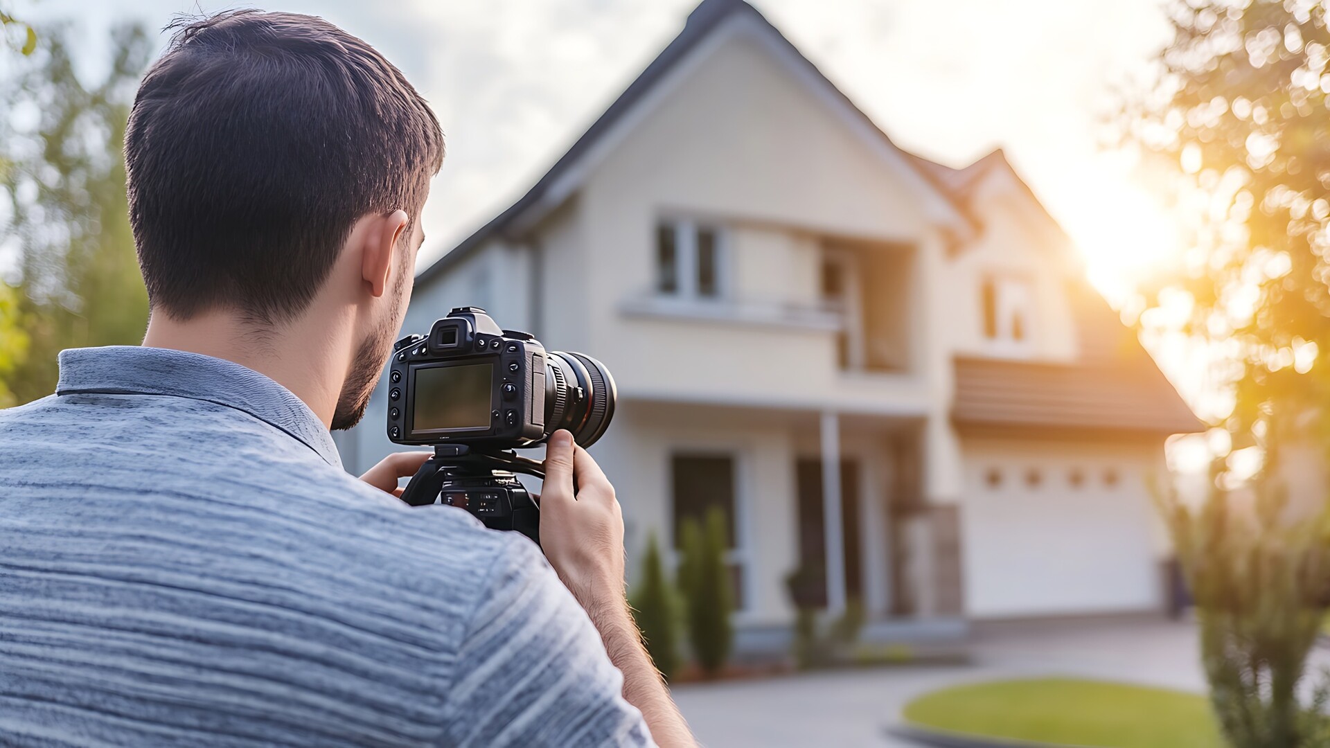 Mann mit Kamera fotografiert Haus