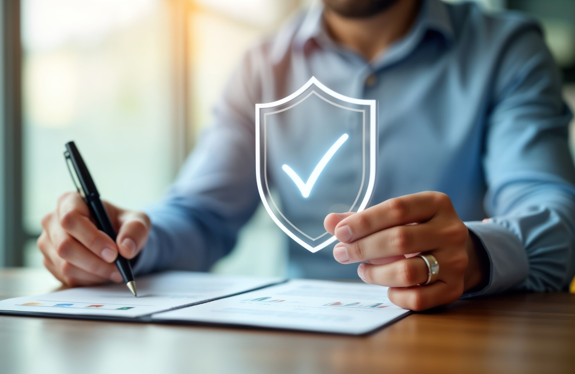 Mann mit Unterlagen und Schild-Icon