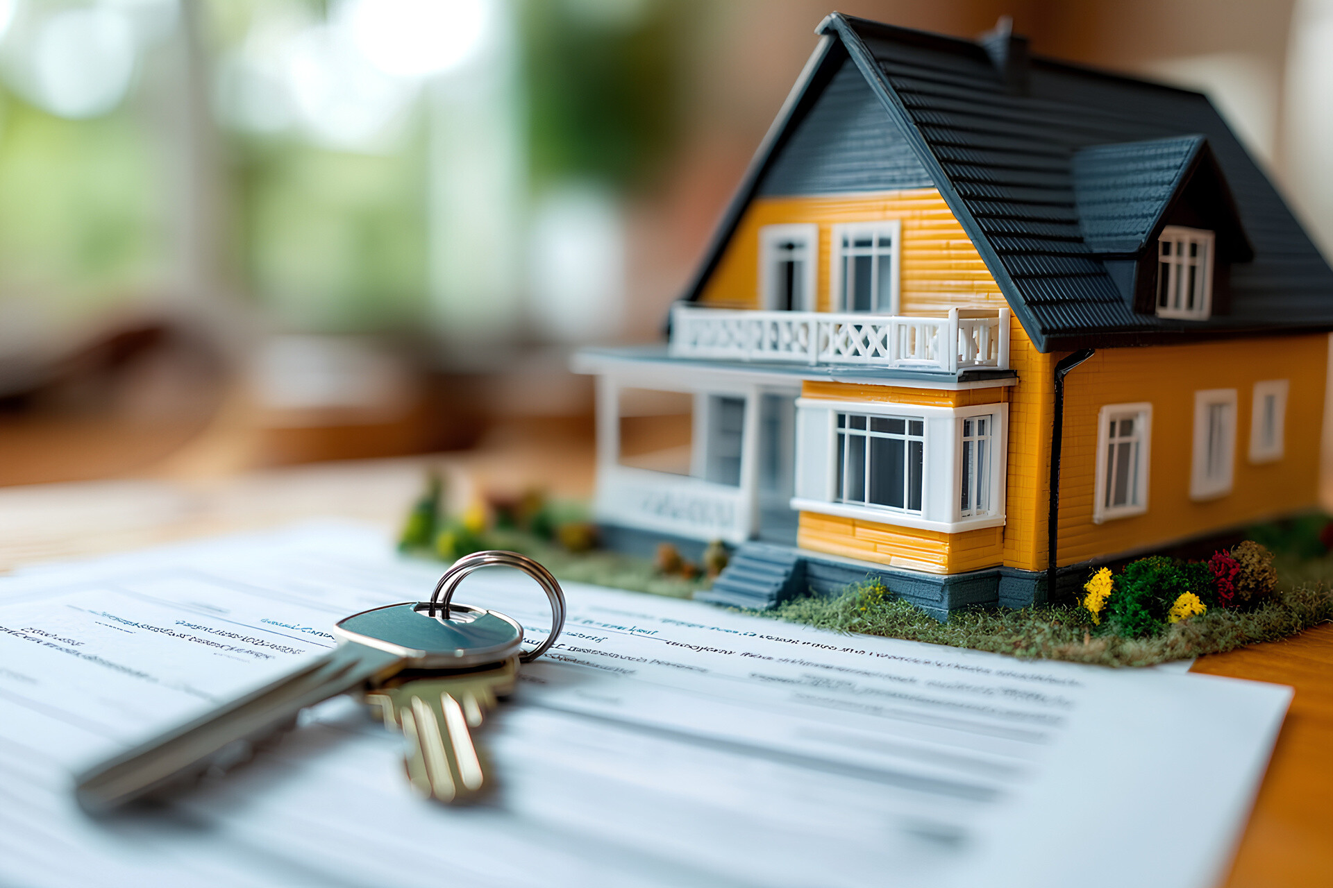 Oranges Modellhaus mit Vertrag und Schlüssel