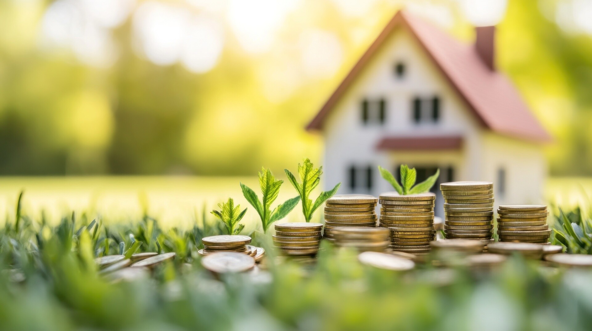 Modellhaus mit Münzen auf einer Wiese