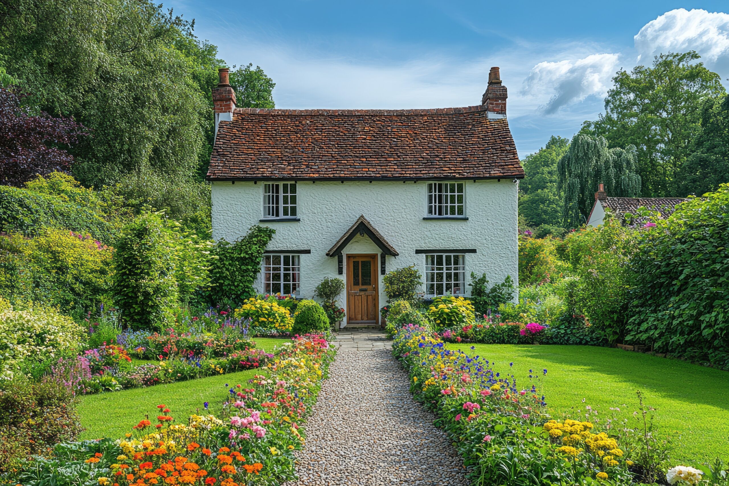 Charming english cottage with lush garden and stone pathway