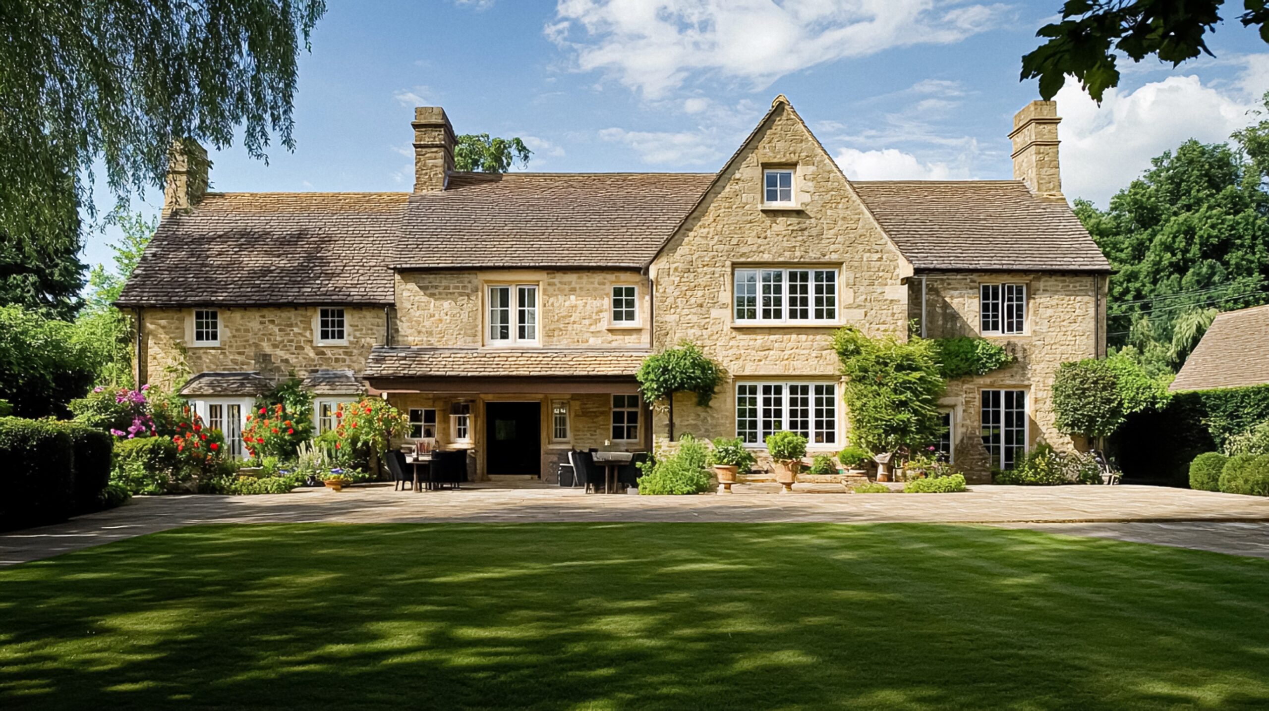 Modern house architecture, blending traditional architectural elements with contemporary design, grand facade, large windows, manicured garden