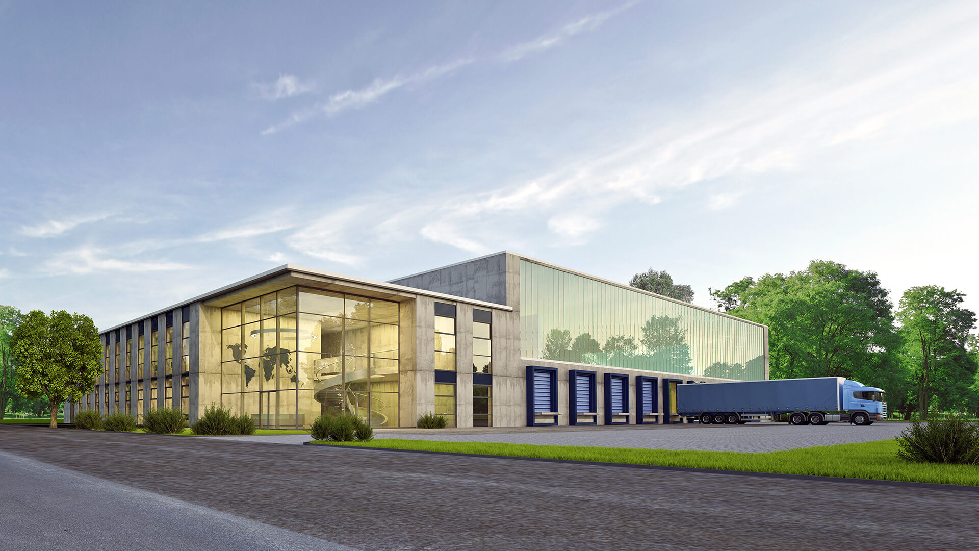 Lagerhaus mit Glasfenstern, blauem Lastwagen und Grünpflanzen.