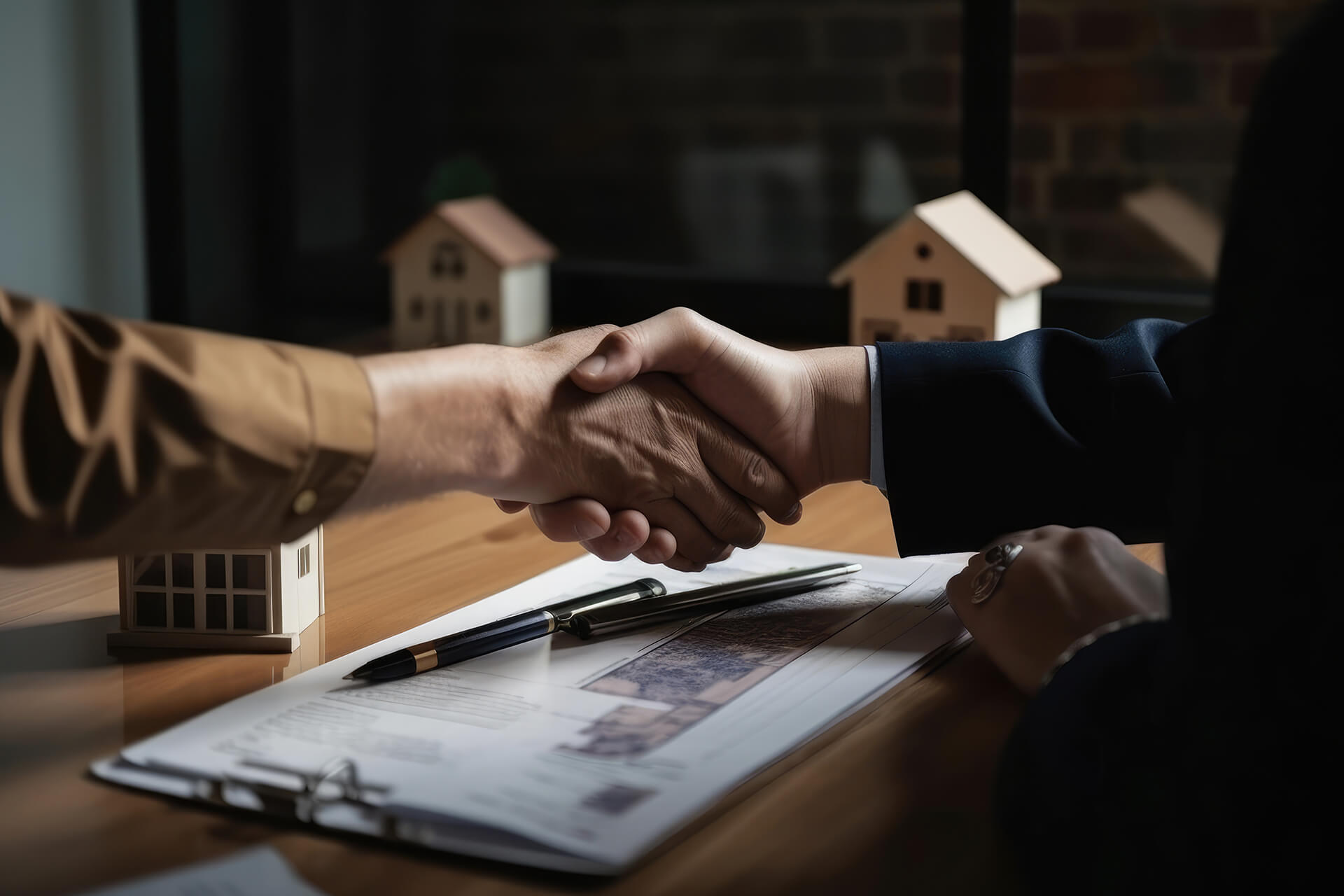 Händeschütteln über Immobilienunterlagen und Hausmodellen.