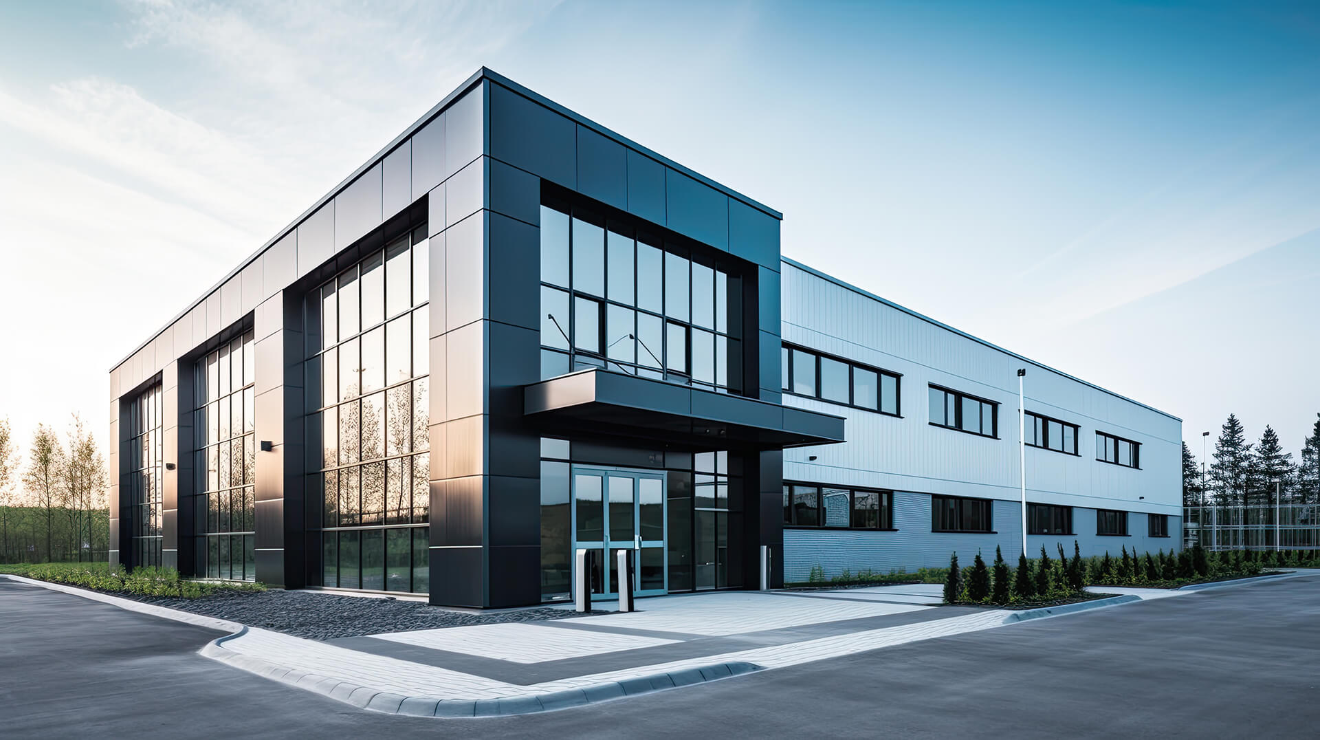 Glas-Metall-Bürogebäude mit großen Fenstern vor blauem Himmel.