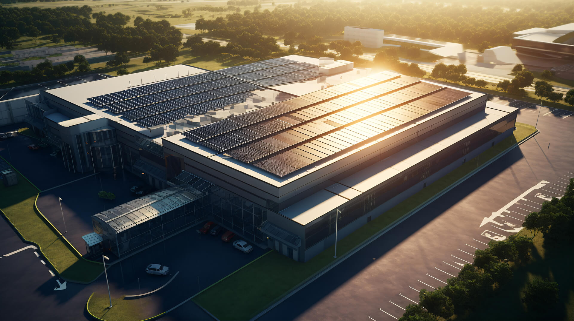 Modernes Gebäude mit Sonnenkollektoren, Parkplatz und Grünanlagen bei Sonnenuntergang.