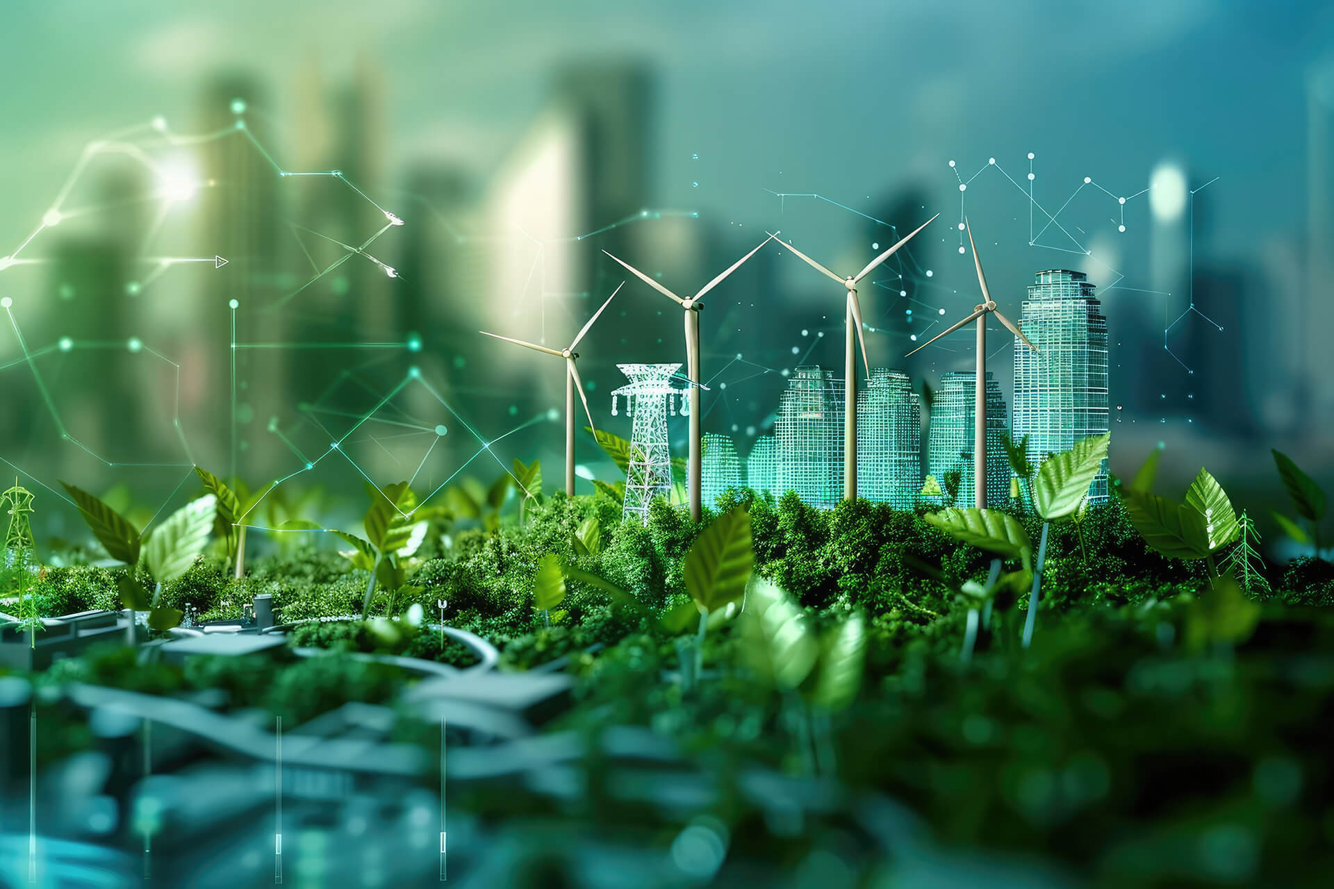 Windräder und Hochhäuser über grüne Pflanzen, nachhaltige Stadt.