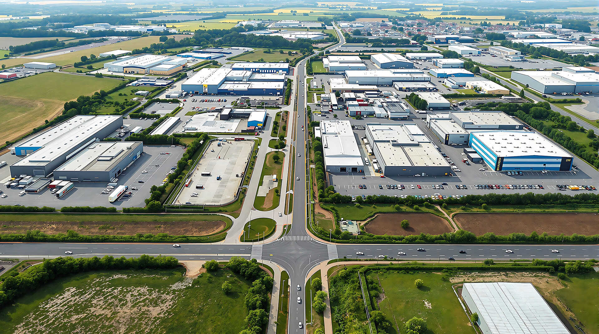 Industriepark mit Lagerhallen, Straßen, Parkplätzen und Grünflächen.