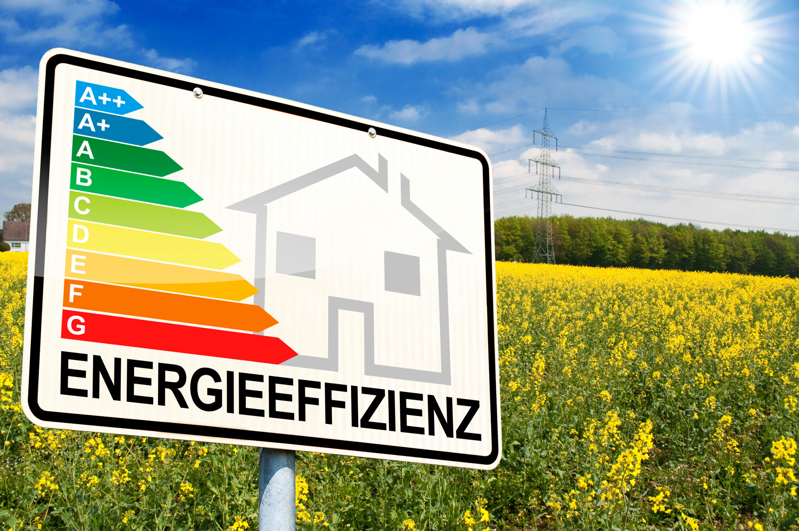 Ortseingangsschild mit Rapsfeld und Energieeffizienz