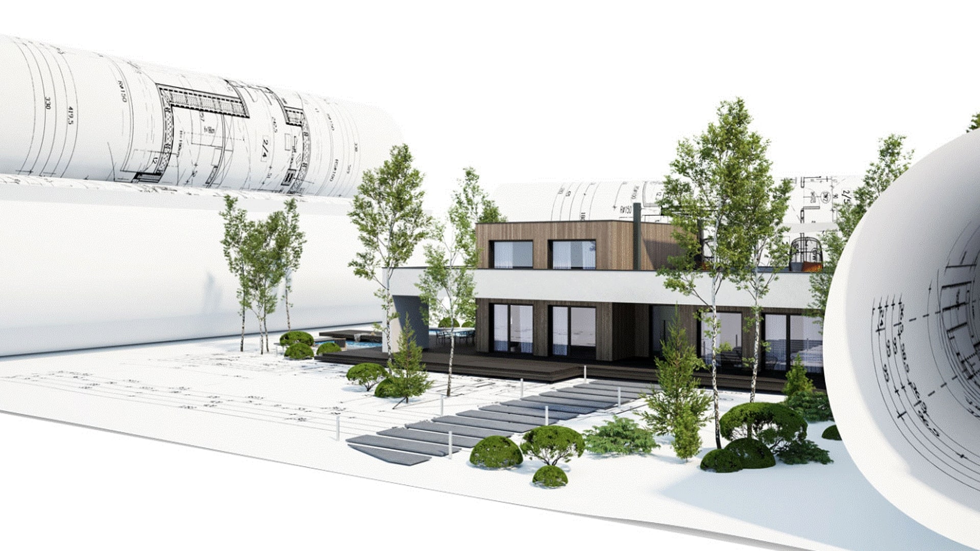 Hausmodell mit Bäumen, umgeben von großen Architekturplänen.