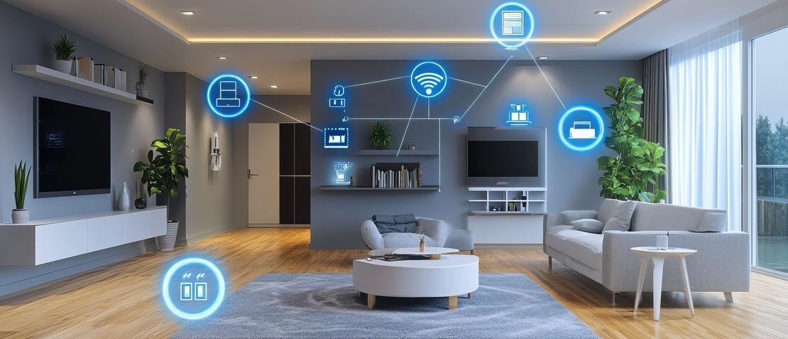 Modernes Wohnzimmer mit Smart-Home-Symbolen.