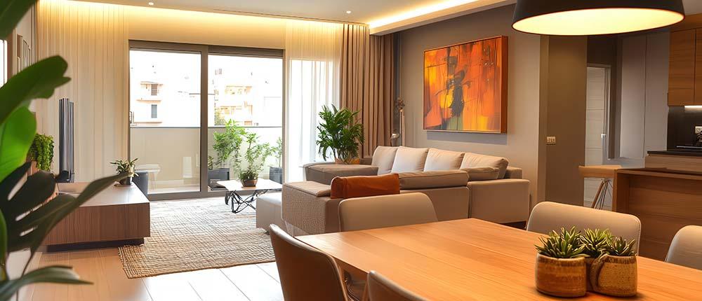 Wohn- und Esszimmer in neutralen Farbtönen mit inimalistischem Design.