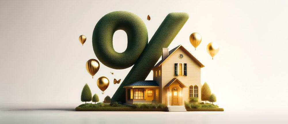 KI-generiertes Modellhaus mit grünem Prozentzeichen und goldenen Luftballons.