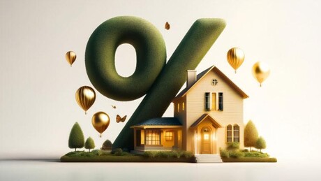 KI-generiertes Modellhaus mit grünem Prozentzeichen und goldenen Luftballons.