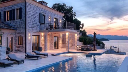 Beleuchtete Natursteinvilla mit Infinity-Pool und Sonnenliegen vor einem Sonnenuntergang am Meer.