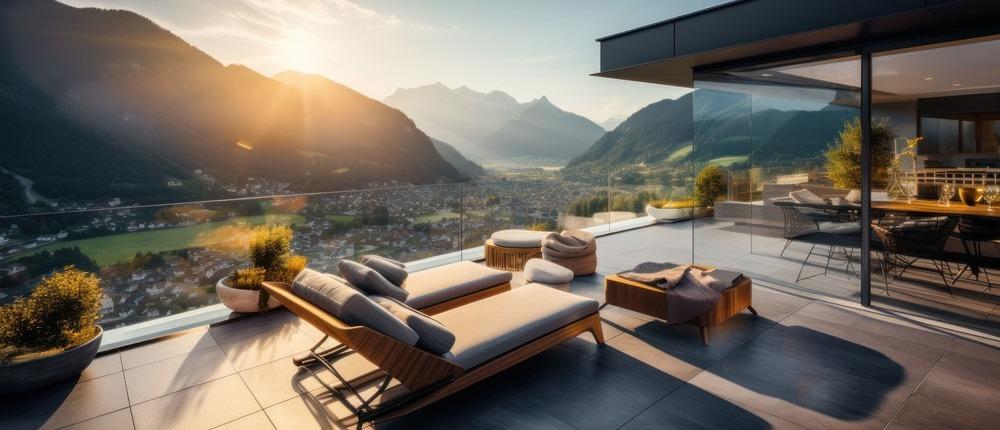 Penthouse-Terrasse mit Design-Liegen und Panoramablick auf ein Alpental bei Sonnenuntergang.