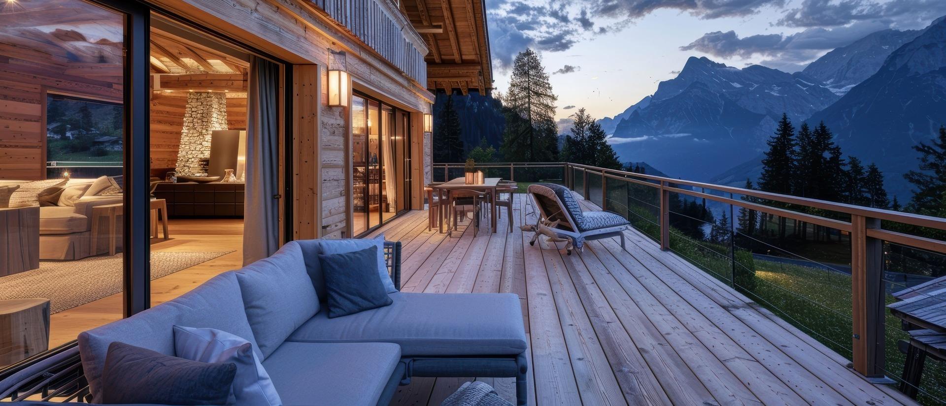 Luxuriöse Chalet-Terrasse mit Lounge-Möbeln und Panorama-Blick auf die Alpen in der Dämmerung.