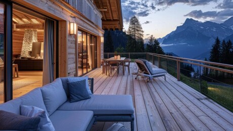 Luxuriöse Chalet-Terrasse mit Lounge-Möbeln und Panorama-Blick auf die Alpen in der Dämmerung.