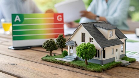 Modellhaus mit Bäumen neben Energieeffizienzskala.