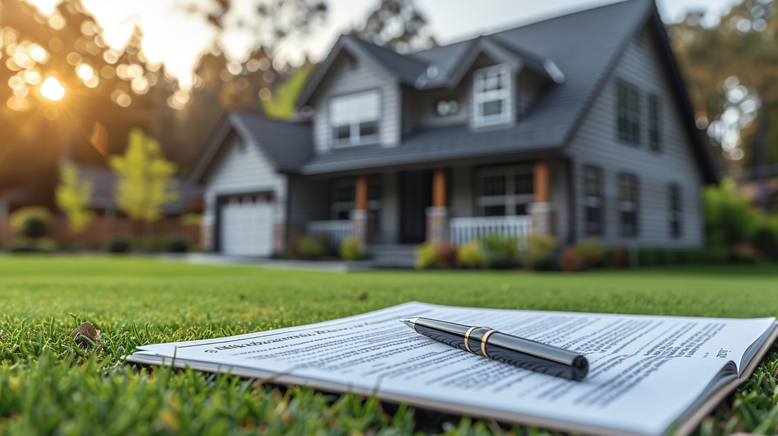 Vertragsunterzeichnung: Formular und Stift vor dem neuen Einfamilienhaus im Abendlicht.