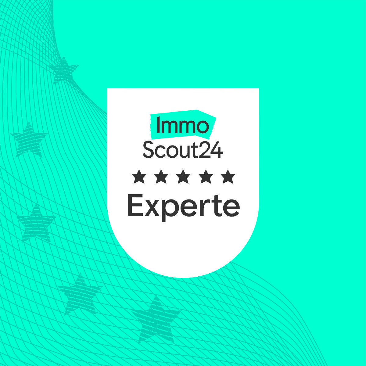ImmoScout24 Experte Siegel mit 5 Sternen für Immobilienkompetenz.