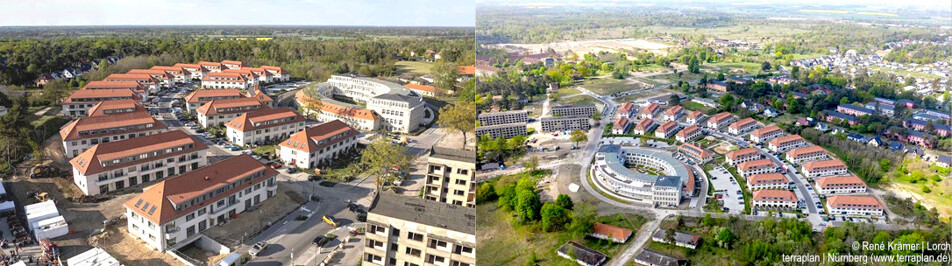 Gesamtansicht einer Wohnsiedlung in ländlicher Umgebung,