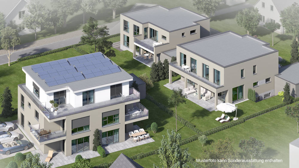 Visualisierung von Neubauhäusern mit Flachdach, Photovoltaik und Gartenanlagen.