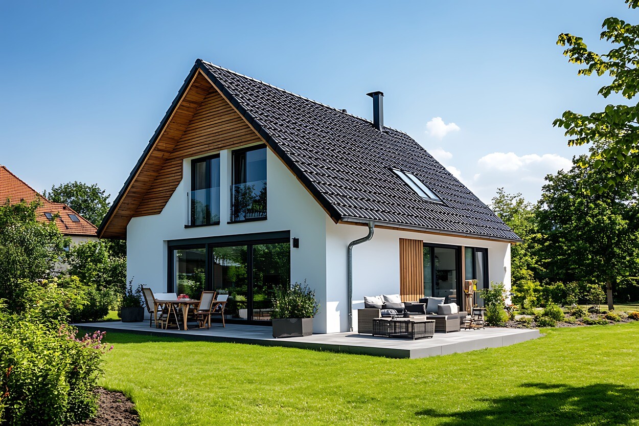 Modernes Einfamilienhaus mit schwarzem Ziegeldach, Terrasse und Garten.