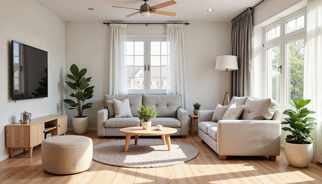 Modernes, helles Wohnzimmer mit hellem Holzfußboden und Couchgarnitur.