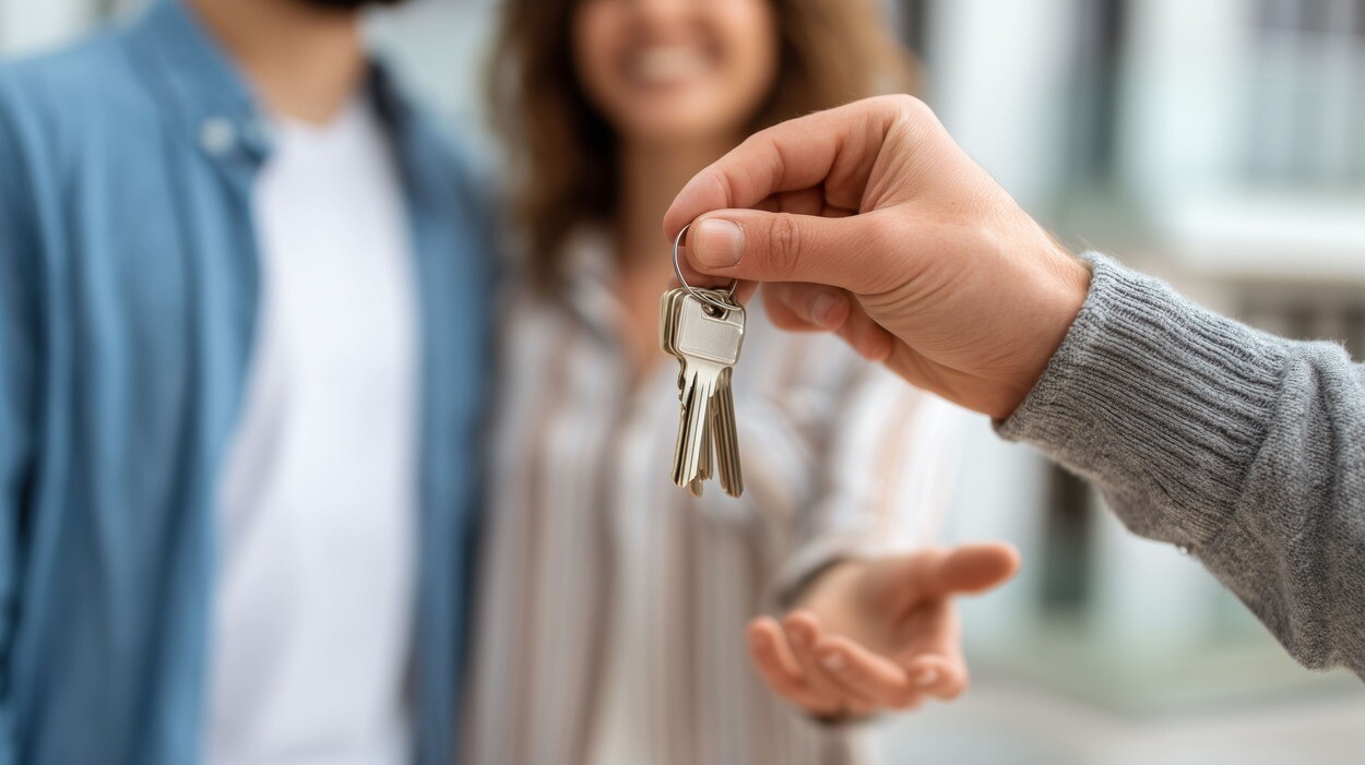 Schlüsselübergabe an glückliche Immobilienkäufer.